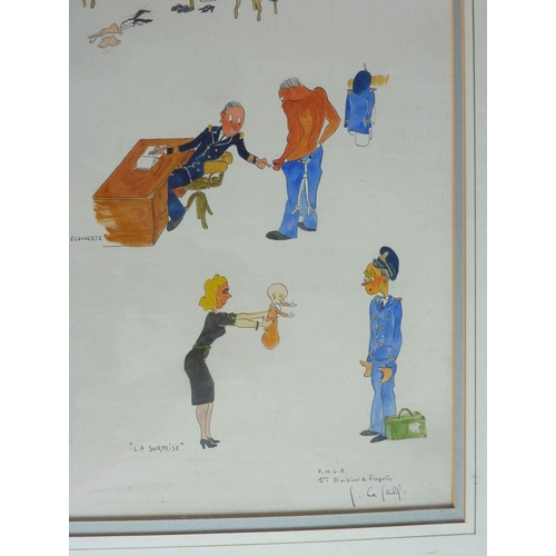 394 - A humorous mid-20th century French watercolour sketch; the four vignettes titled with the names of F... 