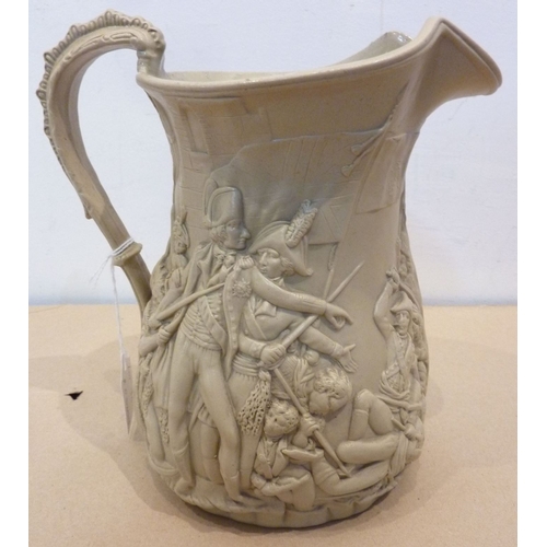 80 - An interesting late 19th century jug with moulded relief of a, possibly Napoleonic era, battle scene