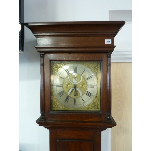 295 - An antique (mostly 18th century) oak-cased longcase clock; the flaring cornice above an 11'' brass d... 