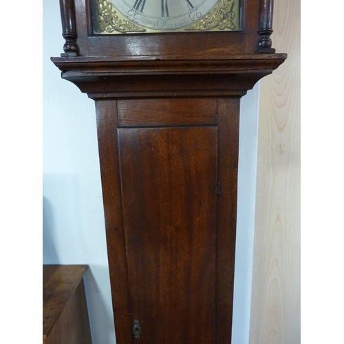 295 - An antique (mostly 18th century) oak-cased longcase clock; the flaring cornice above an 11'' brass d... 