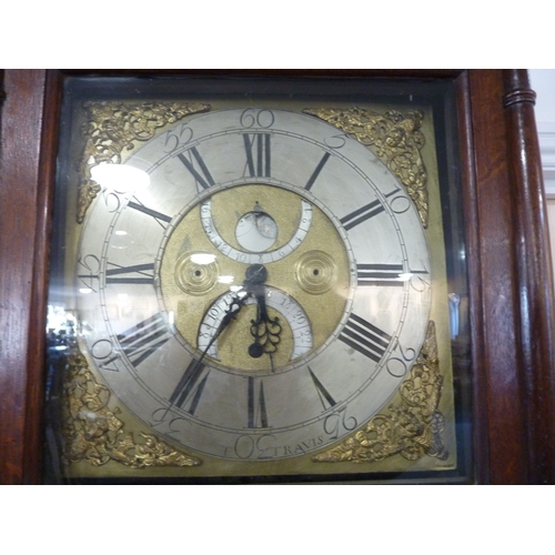 295 - An antique (mostly 18th century) oak-cased longcase clock; the flaring cornice above an 11'' brass d... 