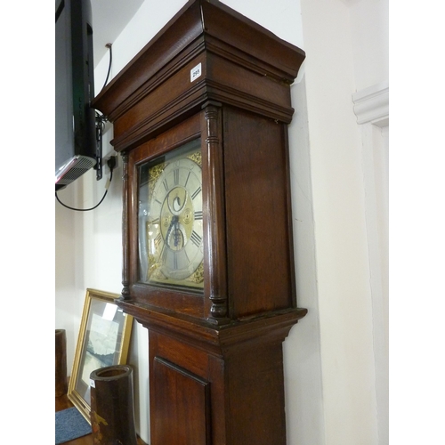 295 - An antique (mostly 18th century) oak-cased longcase clock; the flaring cornice above an 11'' brass d... 