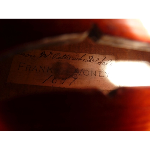 370 - An old violin with interior label for Frank Voney annotated with a name and dated 1897, together wit... 