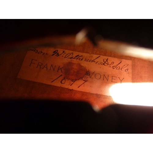 370 - An old violin with interior label for Frank Voney annotated with a name and dated 1897, together wit... 