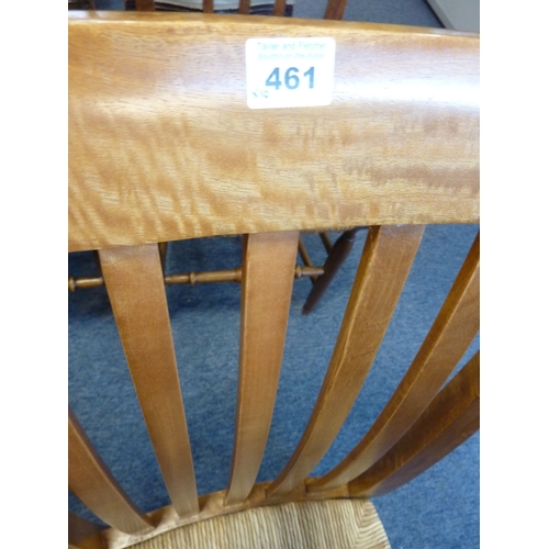 461 - A good and long set of ten stained hardwood and rush seated dining chairs having angular slatted bac... 