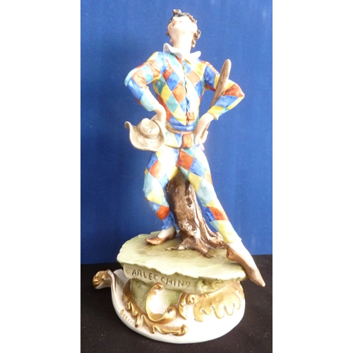 17 - A hand-decorated Naples harlequin figure, 'Arlecchino'; title to front, blue-painted crown-over-N ma... 