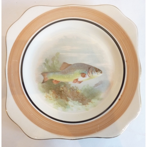 3 - A set of six mid-20th century side plates, each individually hand-decorated with a freshwater fish; ... 