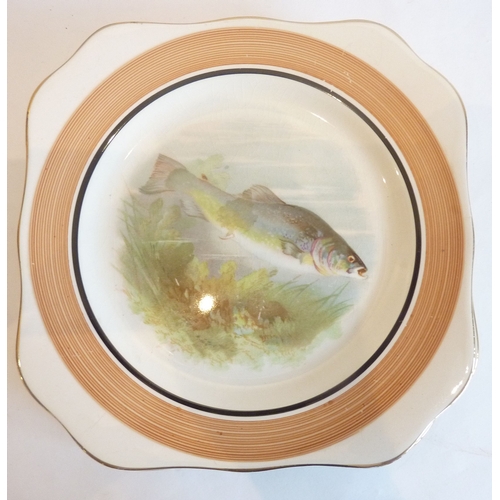 3 - A set of six mid-20th century side plates, each individually hand-decorated with a freshwater fish; ... 