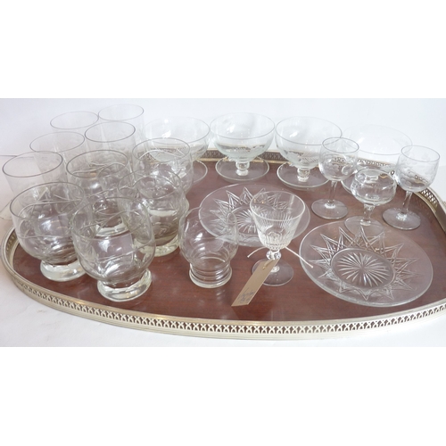 61 - A good assortment of various drinking glasses to include etched tumblers, liqueurs, dessert bowls an... 