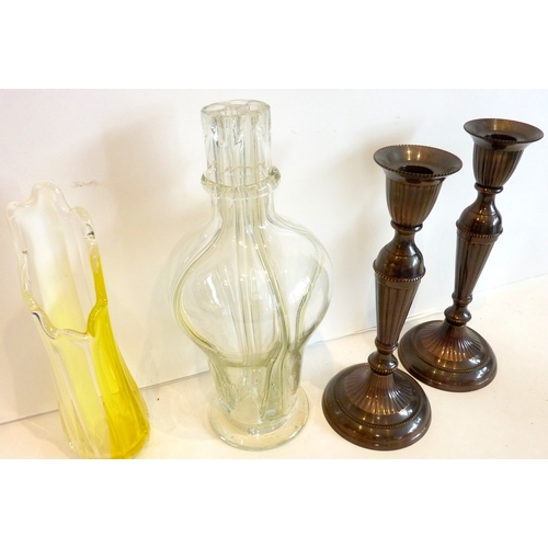 64 - A French glass 'four-way' vase together with a Studio vase and a pair of candlesticks