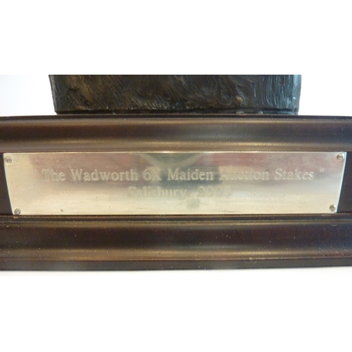 76 - A cold-cast bronze figure of a cooper; the wooden stand with plaque inscribed 'The Wadworth 6X Maide... 