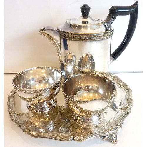 84 - A three-piece silver-plated tea service together with tray