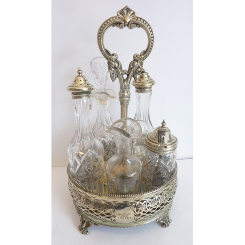 106C - A 19th century silver-plated and cut glass five-bottle cruet set