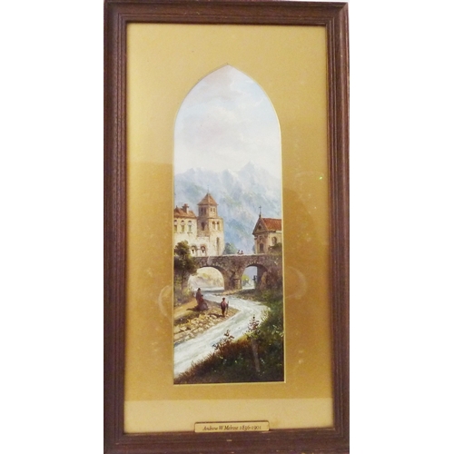 328 - Andrew Melrose (1836-1901), an oil on board Continental study of a river, stone bridge, buildings an... 