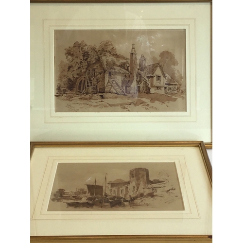 331 - Robert McCallum (20th century), a pair of pen and ink sepia studies, old stone farmhouse with thatch... 