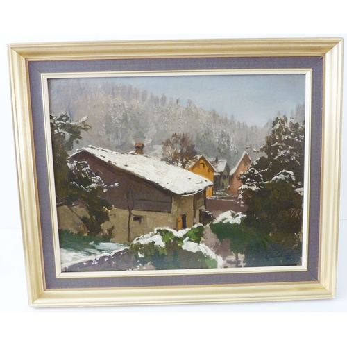 334 - European School, an oil on artist's board mountain village scene, signed lower-right, parcel-gilt-fr... 