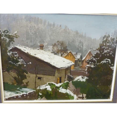 334 - European School, an oil on artist's board mountain village scene, signed lower-right, parcel-gilt-fr... 