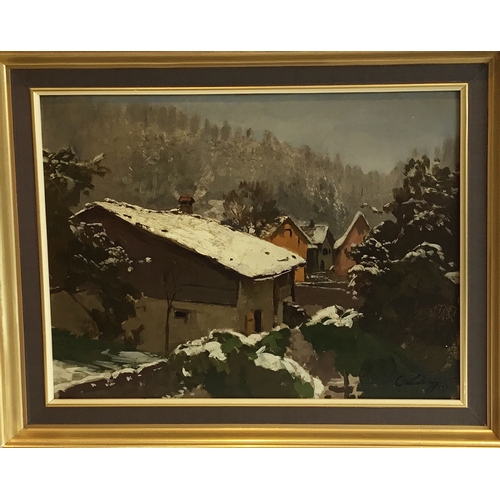 334 - European School, an oil on artist's board mountain village scene, signed lower-right, parcel-gilt-fr... 