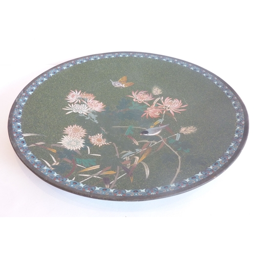 76 - A 19th century enamel charger decorated with birds and flowers