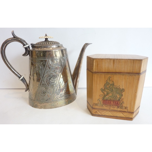 82 - A Victorian silver-plated teapot together with a bamboo tea caddy