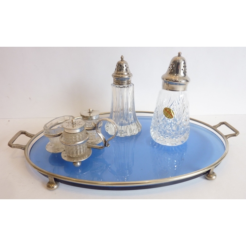 89 - Two silver-plated and crystal sugar shakers and a silver-plated cruet, together with a glass and sil... 