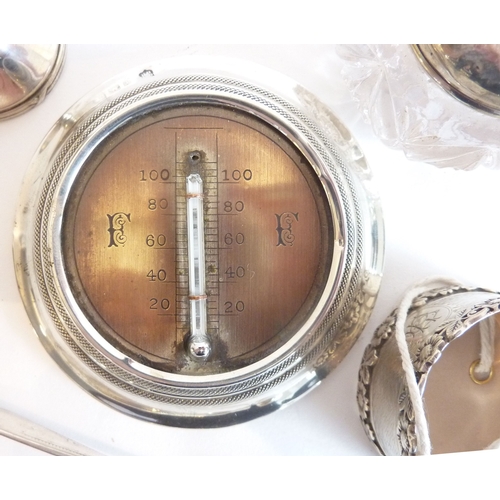 96 - A hallmarked-silver desk thermometer together with a silver egg cup, silver napkin ring, silver tong... 