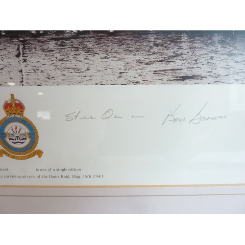 324 - A limited edition (74/500) monochrome print signed by the surviving air crew of the Dams raid, May 1... 