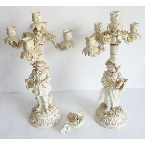 23 - A pair of 19th century Meissen-style hand-decorated figural five-light porcelain table candelabra (d... 