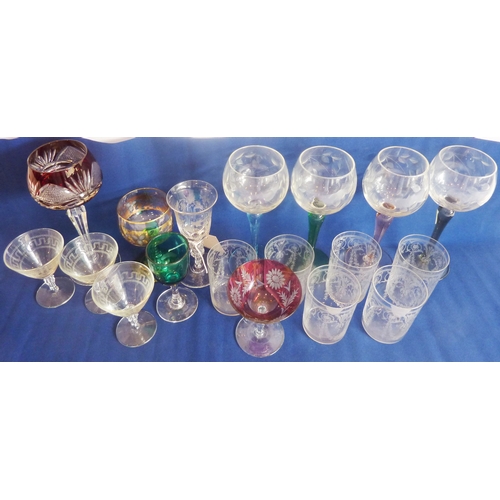 55 - A good selection of assorted drinking glasses to include engraved hock glasses, a small early 20th c... 