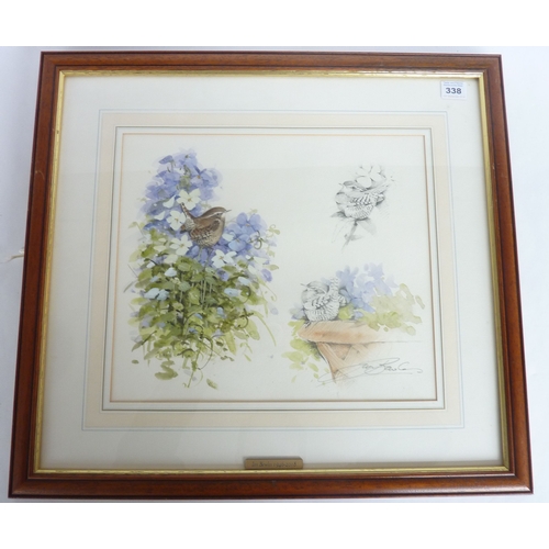 338 - Ian Bowles (1946-2018), a framed and glazed watercolour study, 'Wrens'; signed lower-right