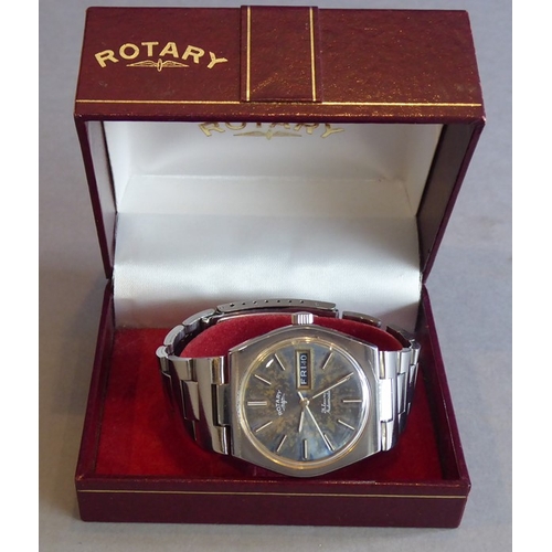 214 - A boxed gentleman's Rotary automatic wristwatch set in a six-sided white-metal case with original br... 
