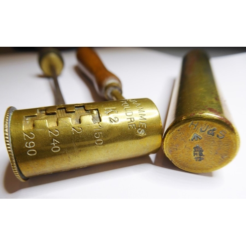 238 - A 19th century gunpowder and lead-shot measure, together with an oil container for a .303 rifle with... 