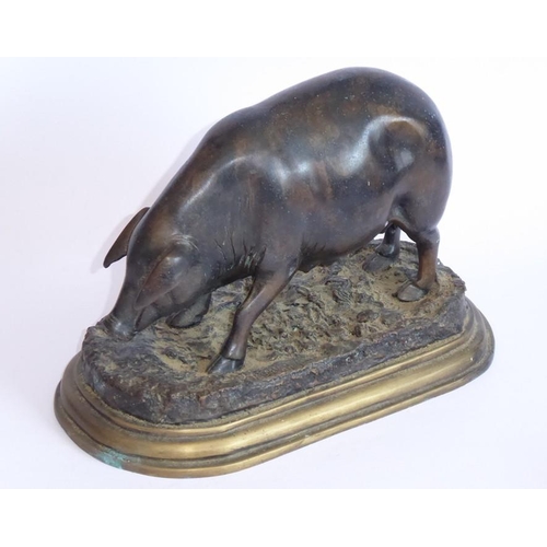 116 - Jules Moigniez (1835-1894), after, a dark patinated bronze 'A Prize Sow', the rotund pig standing on... 