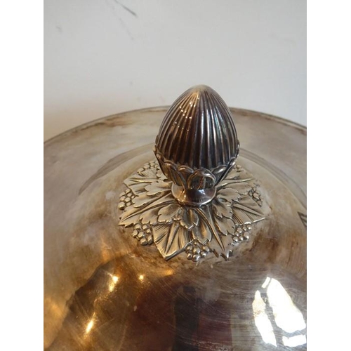 196 - A large 19th century two-handled silver plated urn shaped tureen; acorn-style finial above a domed l... 