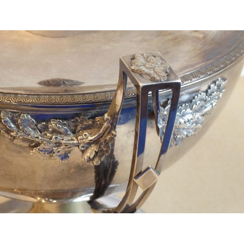 196 - A large 19th century two-handled silver plated urn shaped tureen; acorn-style finial above a domed l... 