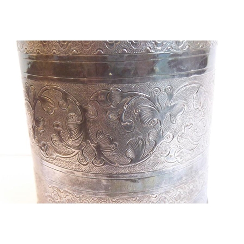 197 - A late 19th/early 20th century Chinese white metal cylindrical pot and cover profusely engraved with... 