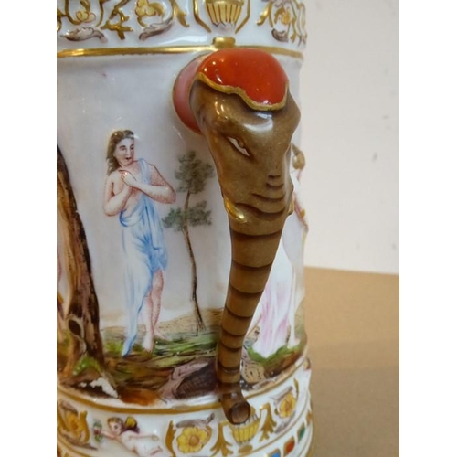 20 - A unusual and large 19th century Capodimonte porcelain tankard and cover; the cover finial as a wing... 