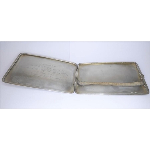 217 - A silver cigarette case and silver ashtray; father and son pieces with regimental inscriptions: 'Pre... 