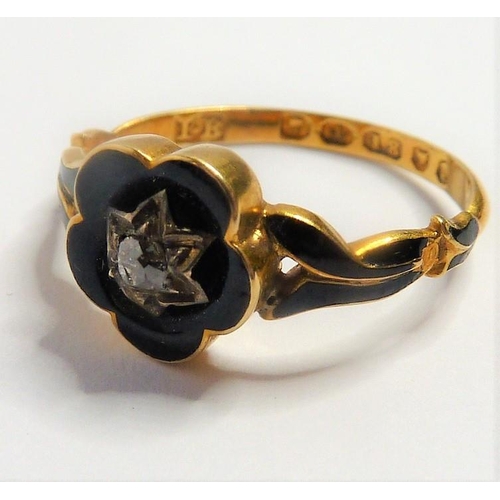 245 - An early Victorian enamel, diamond-set and 18-carat yellow-gold mourning ring; the central black-ena... 