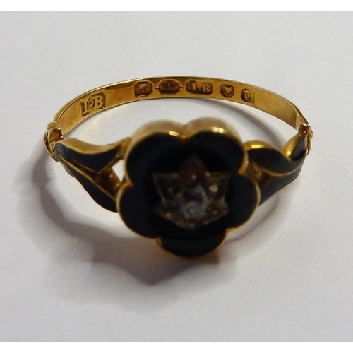 245 - An early Victorian enamel, diamond-set and 18-carat yellow-gold mourning ring; the central black-ena... 