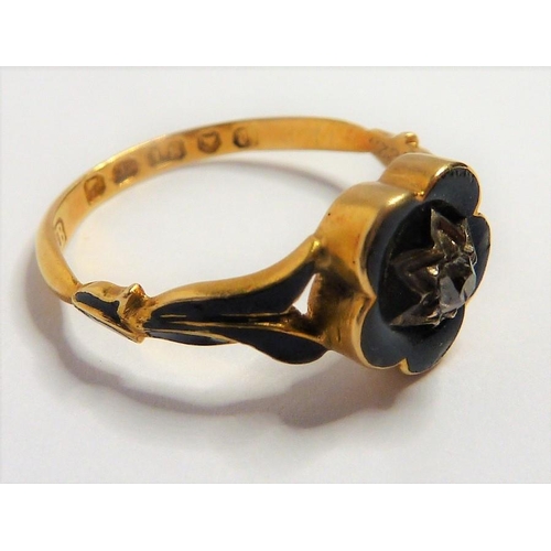 245 - An early Victorian enamel, diamond-set and 18-carat yellow-gold mourning ring; the central black-ena... 