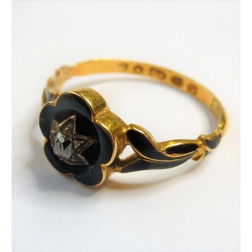 245 - An early Victorian enamel, diamond-set and 18-carat yellow-gold mourning ring; the central black-ena... 