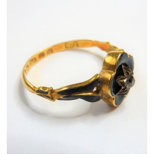 245 - An early Victorian enamel, diamond-set and 18-carat yellow-gold mourning ring; the central black-ena... 