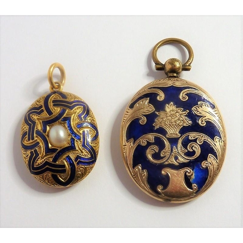 257 - Two mid-Victorian yellow-gold and blue-enamel lockets, each of oval design; one with entrelac decora... 