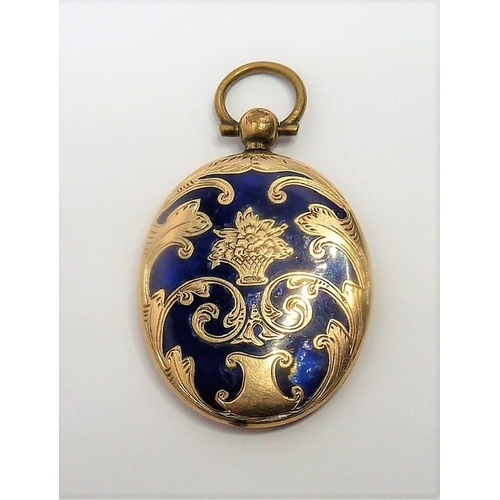 257 - Two mid-Victorian yellow-gold and blue-enamel lockets, each of oval design; one with entrelac decora... 