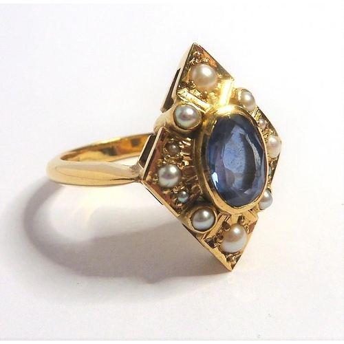 265 - A sapphire, half-pearl and 18 carat yellow gold dress ring of lozenge design, the central oval sapph... 