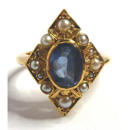 265 - A sapphire, half-pearl and 18 carat yellow gold dress ring of lozenge design, the central oval sapph... 