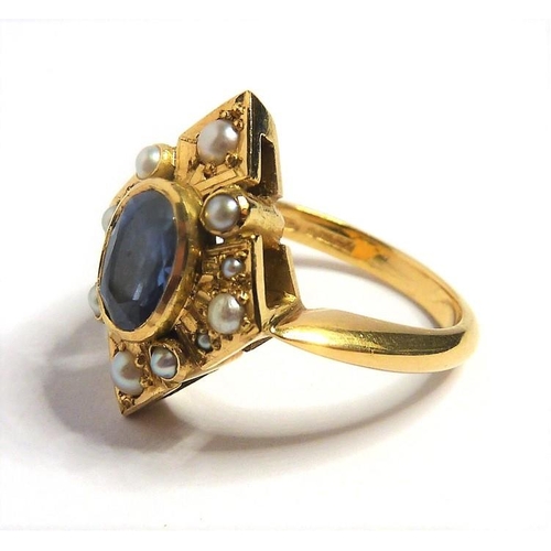 265 - A sapphire, half-pearl and 18 carat yellow gold dress ring of lozenge design, the central oval sapph... 