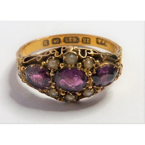 277 - A mid-Victorian 15-carat yellow-gold pink gemstone and half pearl ring; the three oval mixed cut sto... 