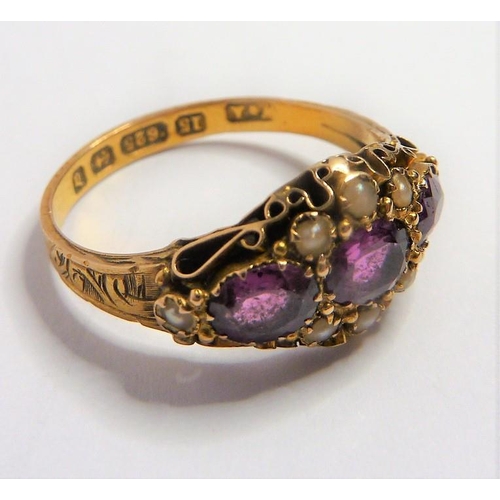 277 - A mid-Victorian 15-carat yellow-gold pink gemstone and half pearl ring; the three oval mixed cut sto... 